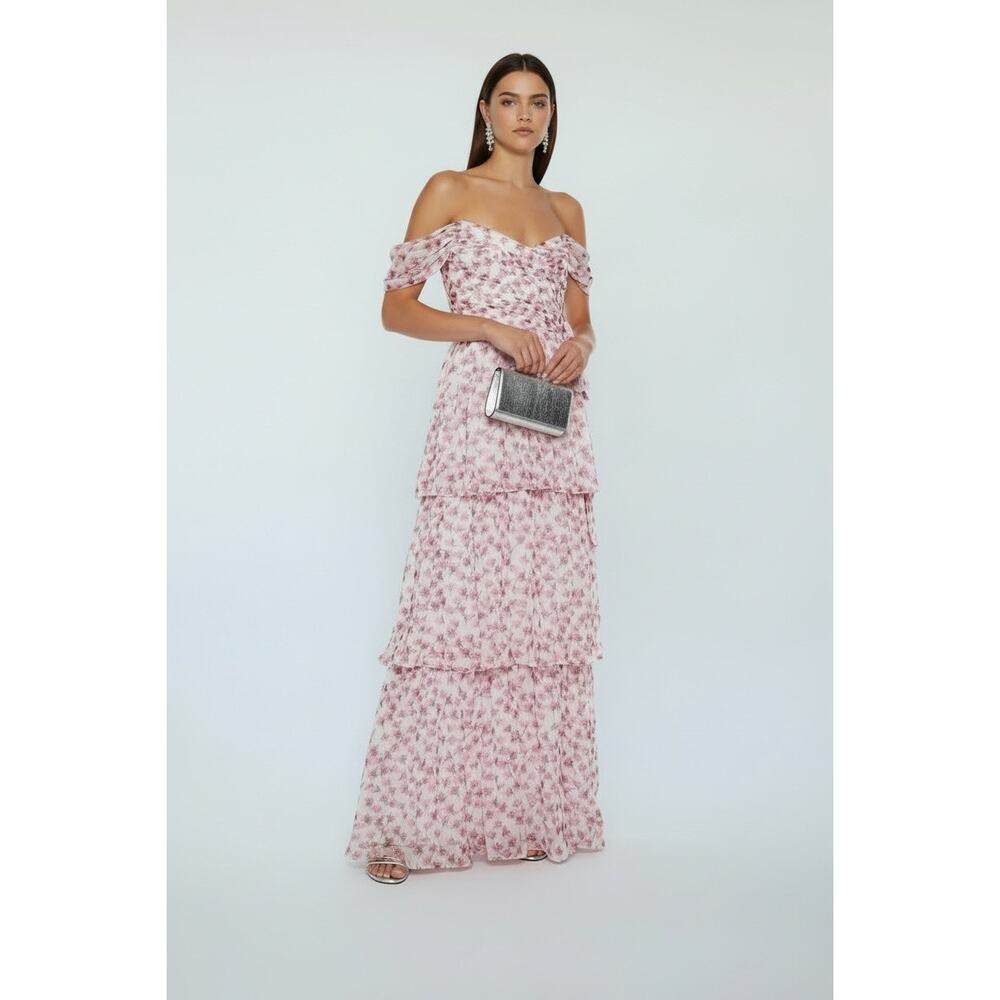ML Monique Lhuillier Tiered Off-The-Shoulder Floral-Print Maxi Dress Size 2 NWT